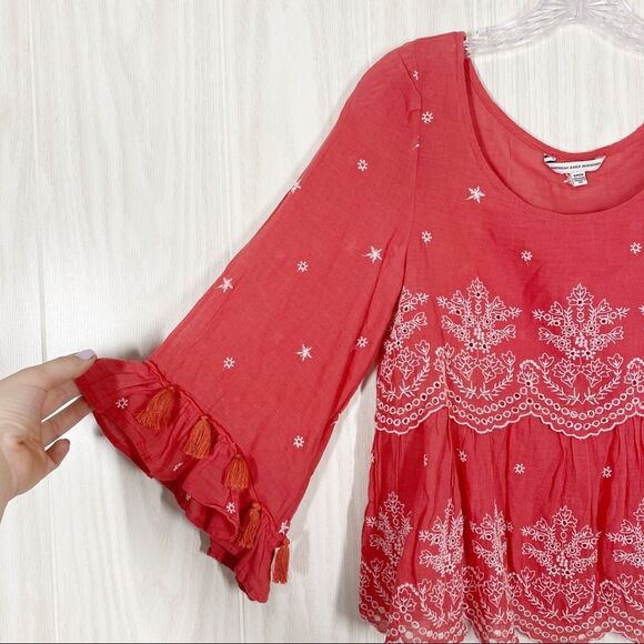 American Eagle | Pink Embroidered Bell Sleeve Blouse Size Small - Picture 3 of 6